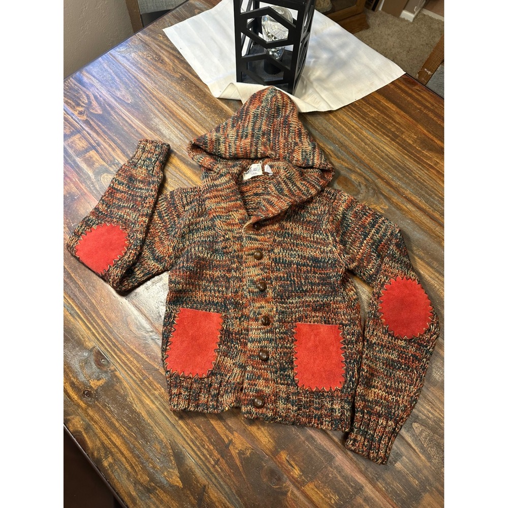 Riddles by Elliot Hooded Cardigan‎ Sweater 1970's VTG Suede Patches Woman's  M